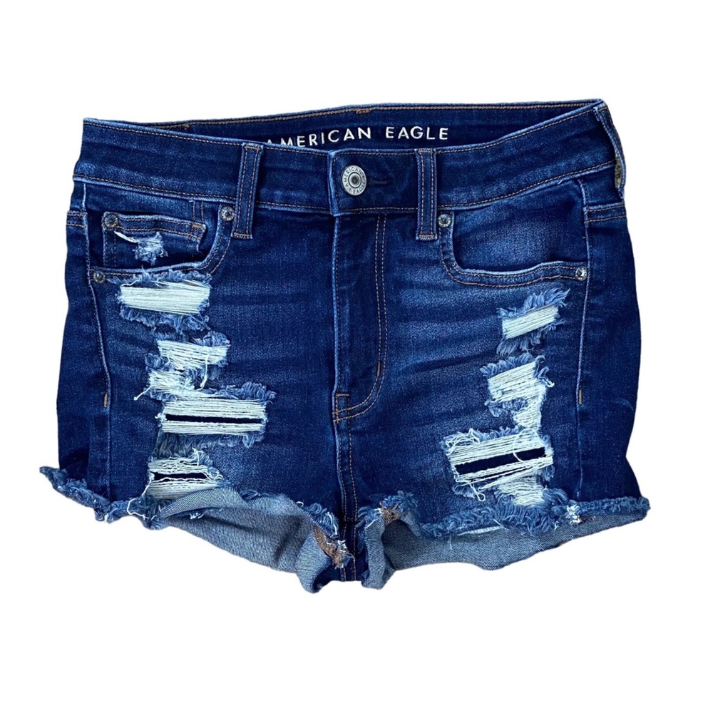 Woman’s American Eagle distressed high-rise Shortie jean shorts size 2